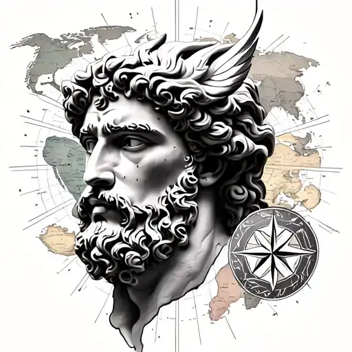 The thinly drawn face of the Greek God against the background of the sea map of the earth, with the addition of a symbol of the wind rose tattoo design idea