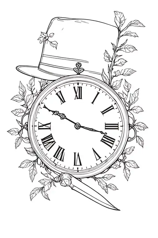 alice in wonderland hat clock vines knife tattoo design idea