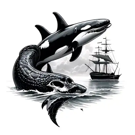 anaconda, whale, skull, storm ship vs orca, guitar/music, dumbbell, camping, alcohol,, chocolate, Ru, 23.10.2019.      tattoo design idea
