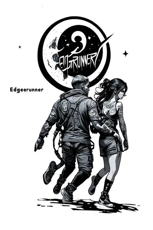 cyberpunk edgerunner david and lucy in the moon with edgerunner logo in the back tattoo design idea