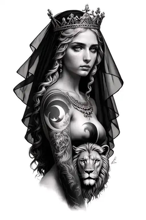 black & grey realism greek goddess leto with light color hair, wearing crown with veil, a lion and moon tattoo design idea