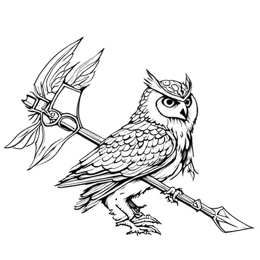An owl carrying goddes athenas helmet and spear tattoo design idea