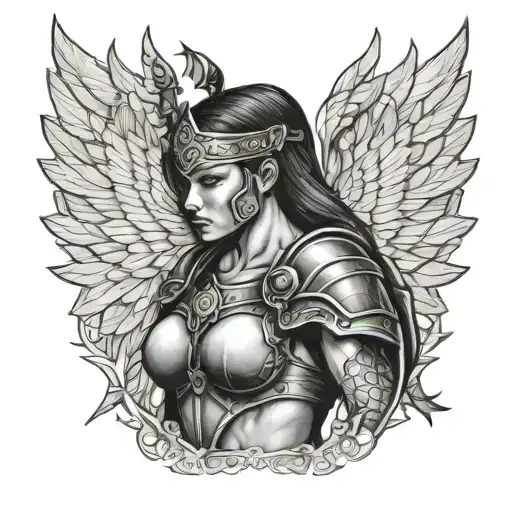 female warrior with wings tattoo design idea
