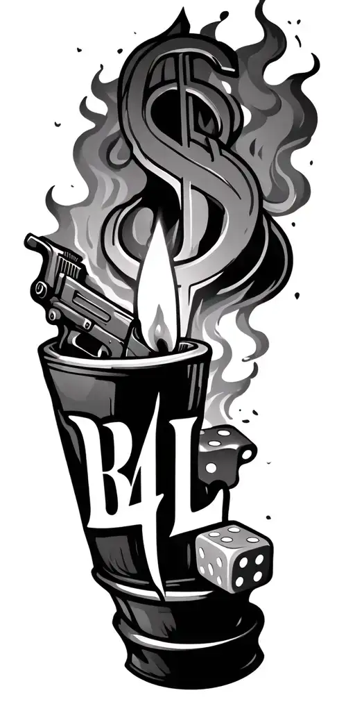 ' B 4 L' text gangster font in Candle, dollar sign, glock pistol, dices, dice in fire, smoke full arm tattoo design idea