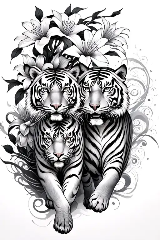 spine tat- two walking tigers with cherry blossoms and Japanese spider lilies with swirls and smoke lines branching off tattoo design idea