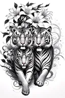 spine tat- two walking tigers with cherry blossoms and Japanese spider lilies with swirls and smoke lines branching off tattoo design idea