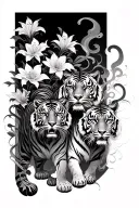 spine tat- two walking tigers with cherry blossoms and Japanese spider lilies with swirls and smoke lines branching off tattoo design idea