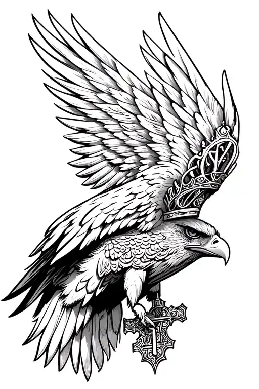 eagle of orthodox , Byzantine style, black & white line art, crown and cross, ornate wing decorations, symmetrical, tat tattoo design idea