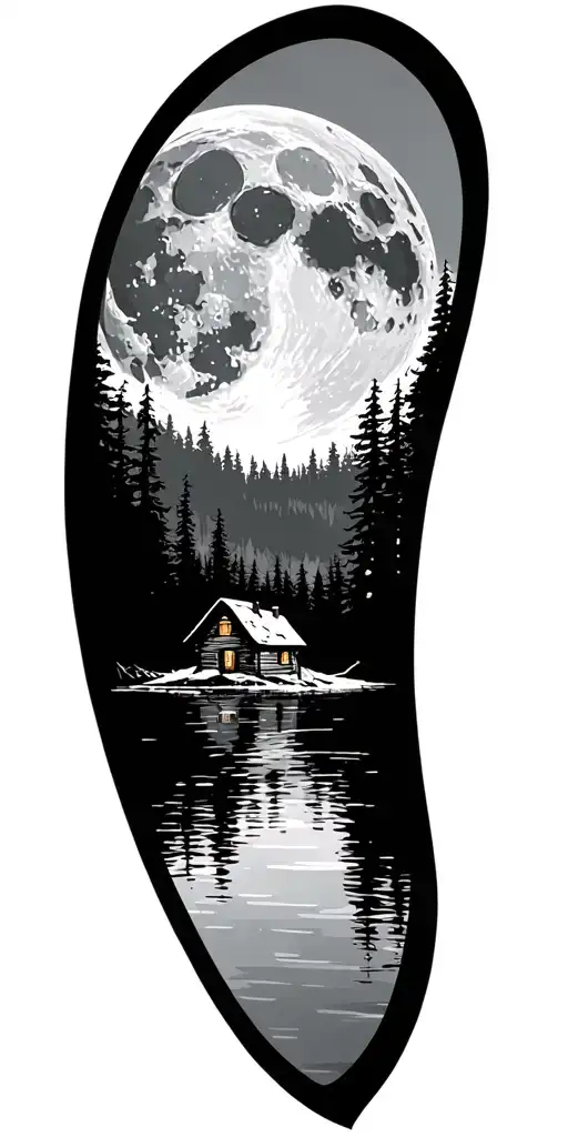 moon over Forest skyline, a frame cabin on lake tattoo design idea