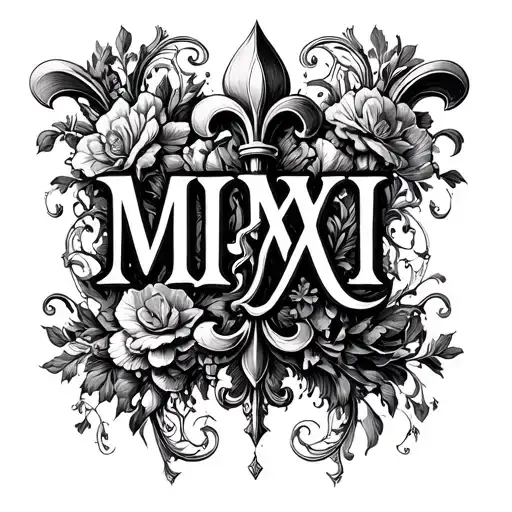 the text "MMXI" with a gothic-baroque fusion floral (fleur de lis style) that is seeminglly growing over and under text tattoo design idea