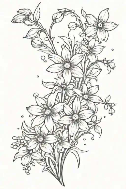 daisies and daffodils with sprinkling of cherry blossoms, snow drops, violets, greenery, stems tattoo design idea