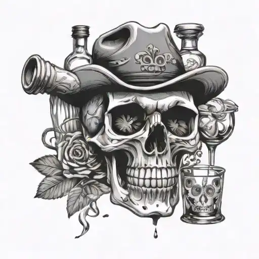Mixologist tools like shakers, strainers, and cocktail glasses forming a skull shape with a tequila bottle as the centerpiece tattoo design idea