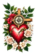 cross with compass, heart centered around roses, jasmine flowers tattoo design idea
