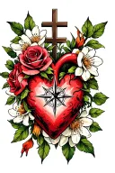 cross with compass, heart centered around roses, jasmine flowers tattoo design idea