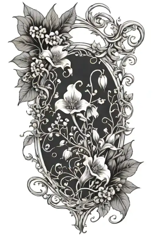 oval frame out of vines belladonna, lily of the valley, moon flowers, wolfsbane flower, mushrooms at bottom tattoo design idea