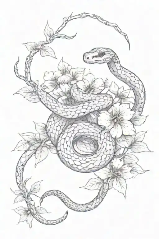 Snake and purple flowers and branches tattoo design idea