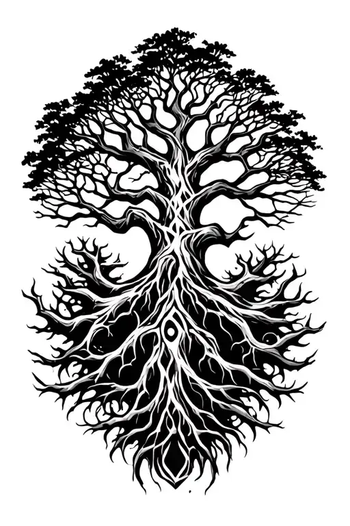 yggdrasil world tree with wide branches tattoo design idea