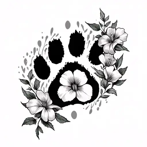 aster and morning glory vine around paw print tattoo design idea