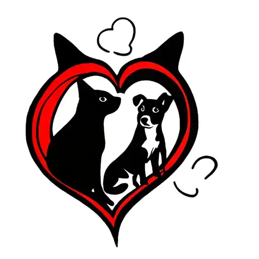 1/2 red & 1/2 black heart outline with cat & dog outline in middle  tattoo design idea