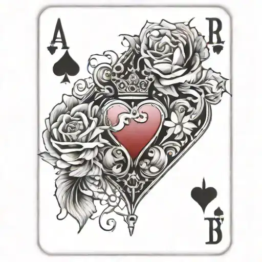 Queen of hearts playing card tattoo. black and white. shading. hearts and florals only. no faces. abstract  tattoo design idea