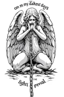 Weeping angel holding chain crying on knees as a tattoo with the words on my darkest days the light will prevail tattoo design idea