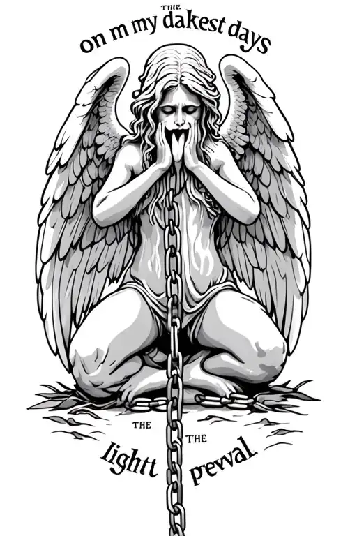 Weeping angel holding chain crying on knees as a tattoo with the words on my darkest days the light will prevail tattoo design idea