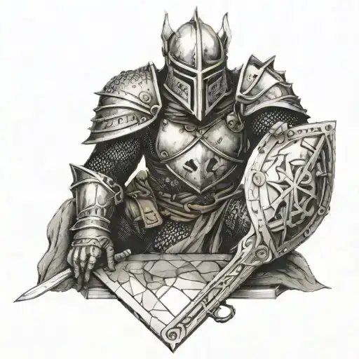 dying knight sitting next to rock tattoo design idea