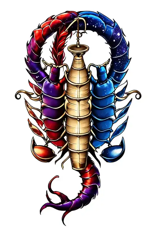 Upper arm tattoo sleeve design featuring Scorpio (red/purple tail), Gemini twins (blue/gold cosmic style), Libra scales tattoo design idea