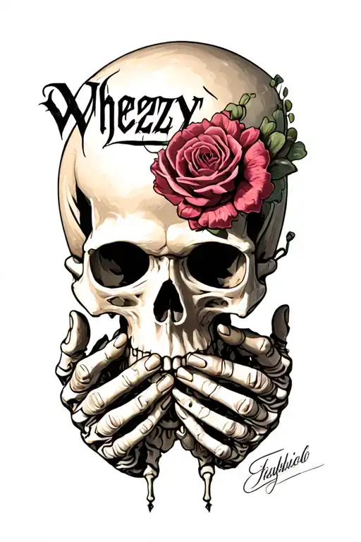 a studio microphen as  a skull with hands of skeleton holding  with the name wheezy separating the tattoo vertical tattoo design idea