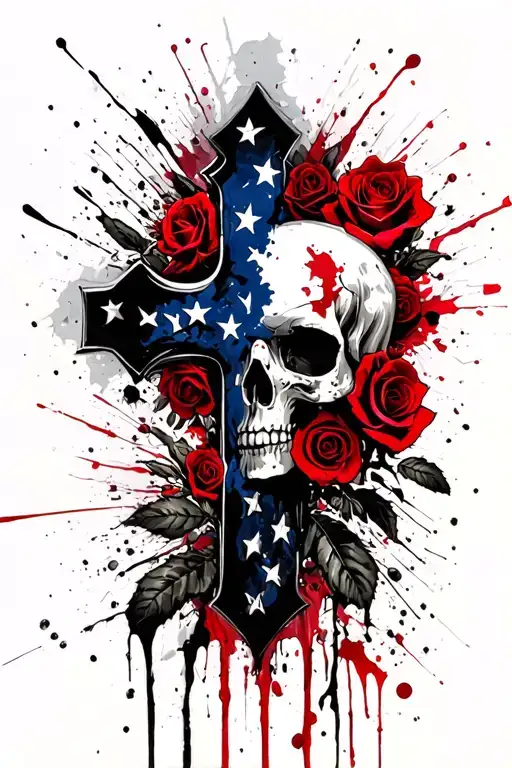 cross and roses and American flag tattoo design idea