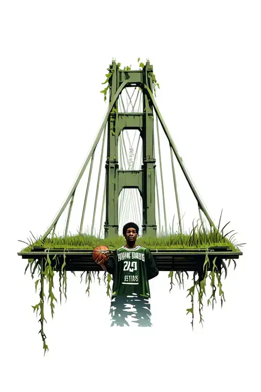 a detailed bridge that’s old over in grass and vines being held up buy gods hands with nba youngboy verse im holding up  tattoo design idea