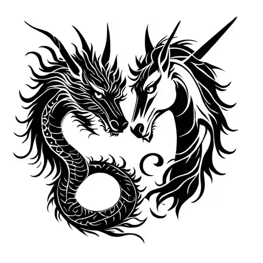 Chinese dragon and unicorn facing each other tattoo design idea