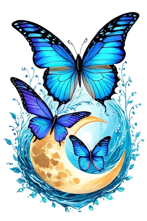 butterflies, fairy, moon and water tattoo design idea