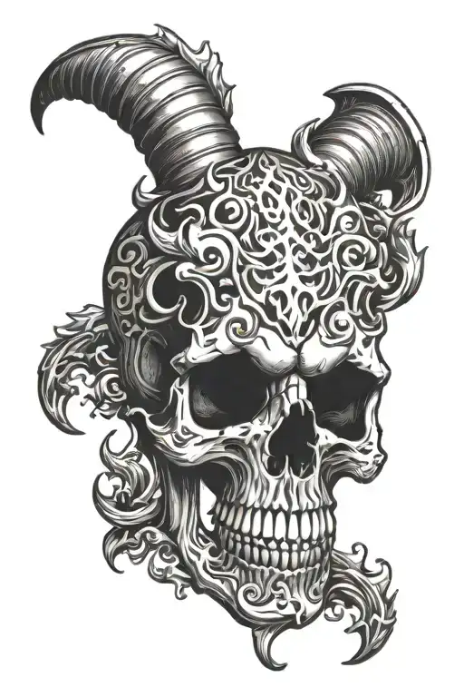 skull with horn and fire flames tattoo design idea