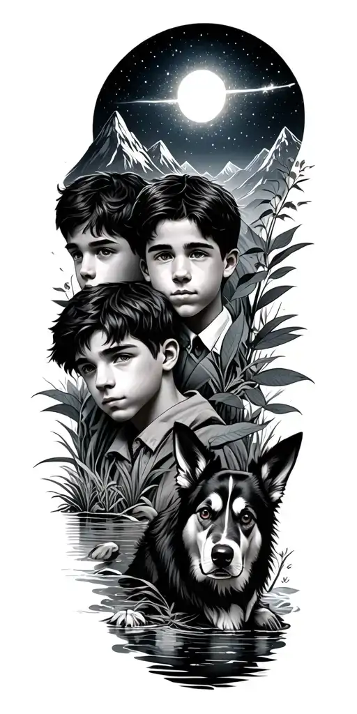 3 boys, nature, Orion's Belt, meandering river, sage plant mountains, 2 dogs  tattoo design idea