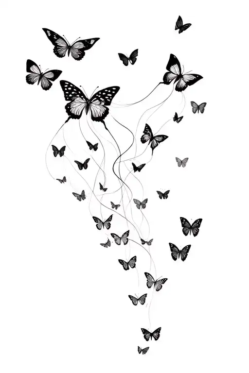 butterfly effect cascading into smaller butterflies, connected by invisible fate strings, looping and spiraling like con tattoo design idea