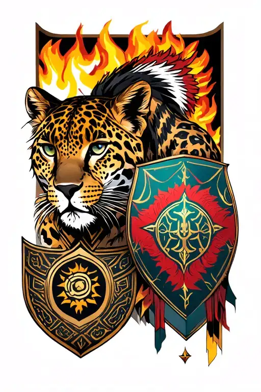 Generate an asante warrior and a leopard,  have a Eban symbol on the shield of the warrior. Add fire and symbolism relat tattoo design idea