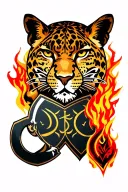 Generate an asante warrior and a leopard,  have a Eban symbol on the shield of the warrior. Add fire and symbolism relat tattoo design idea