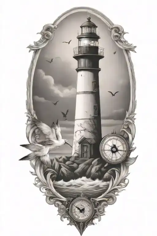 lighthouse, compass, heart, calm ocean, beach, seagull tattoo design idea