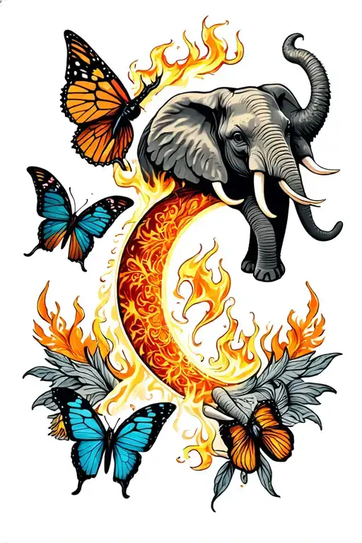 a semicolon and an elephant and a butterfly and a burning angel this has to picture a story of my live  tattoo design idea