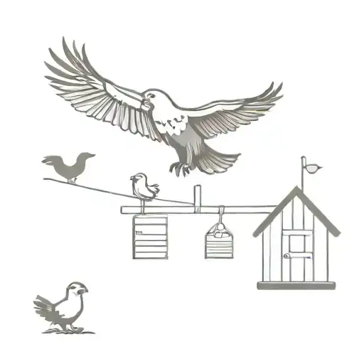 an eagle flying above a chicken coop with three baby birds looking up at the eagle silhouette style tattoo design idea