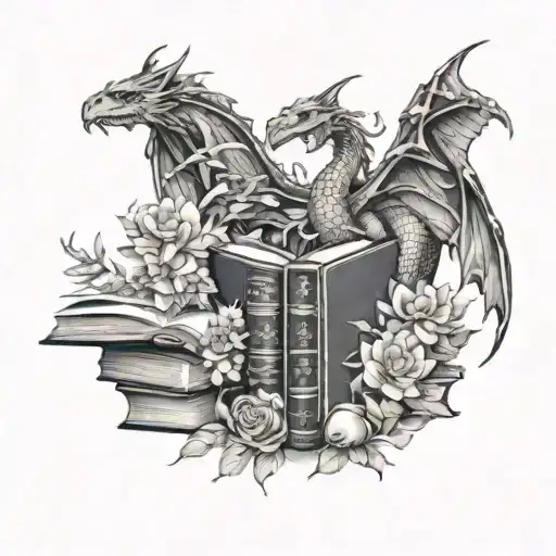 books and flowers with three dragons flying tattoo design idea