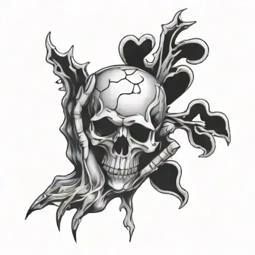 2 bone skull hands holding a heart surrounded tattoo design idea