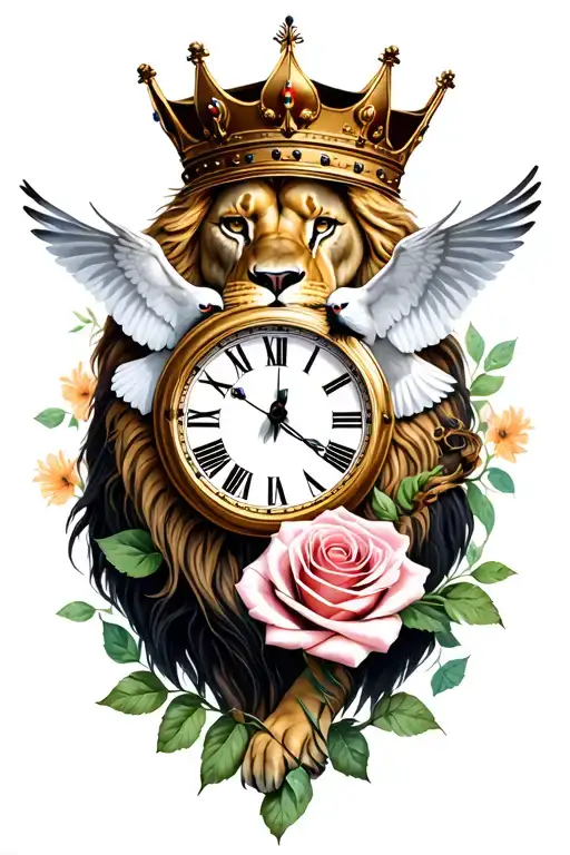 lion wearing a crown, clock, dove, rose intertwined tattoo design idea