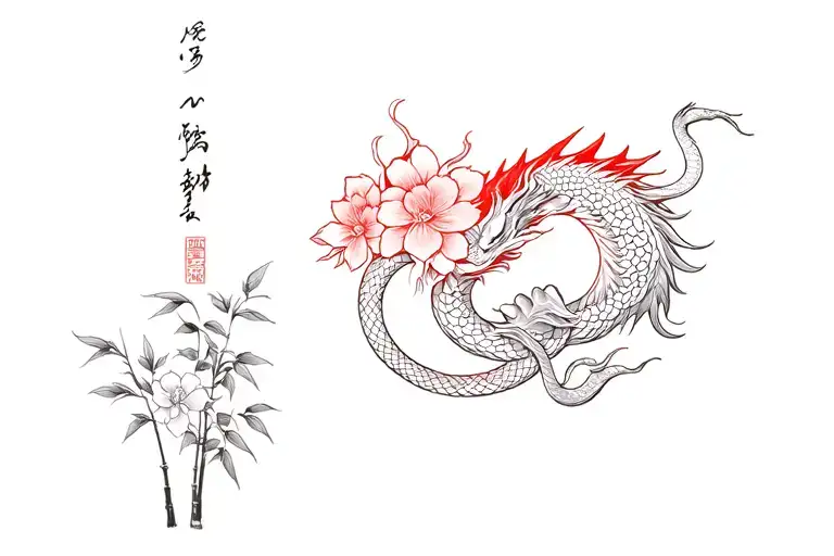 Japanese style of a dragon with flowers, a snake with flowers, a tiger with flowers and a nearby bamboo. In black red. tattoo design idea
