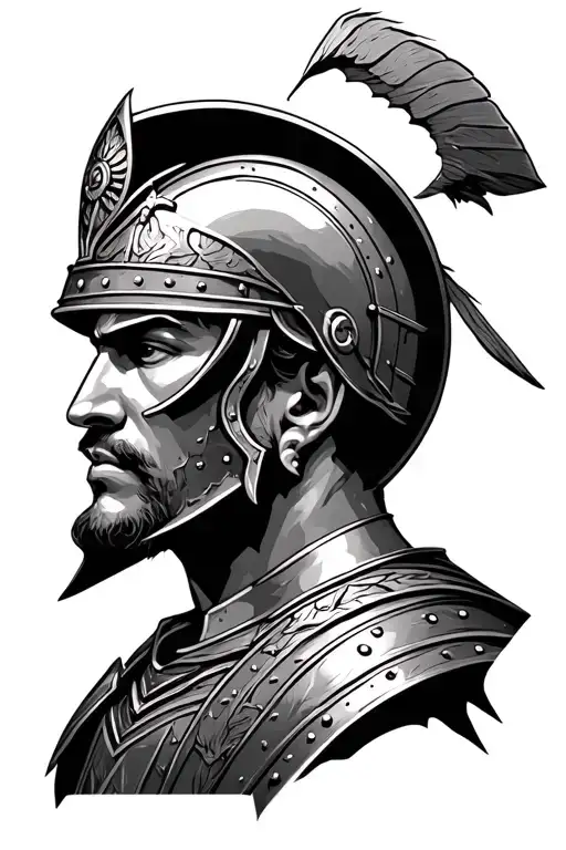 Black and gray tattoo of a paladin warrior wearing heavy reinforcement and a Roman helmet with crest. The head is tattoo design idea