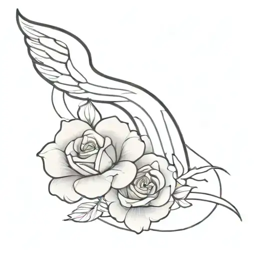 black and gray left angel wing with a cursive letter L connected. 2 roses and 2 marigold flowers beneath the wing  tattoo design idea