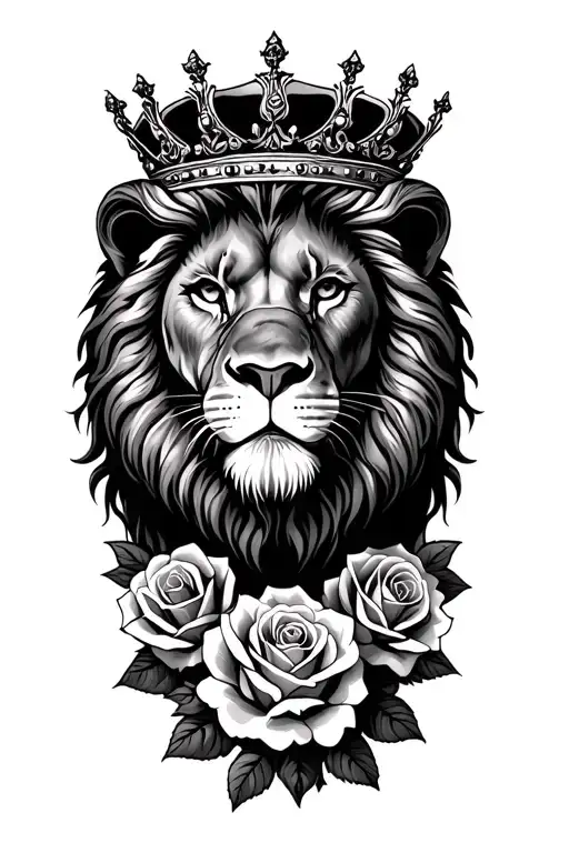 lion wearing a crown surrounded by roses tattoo design idea
