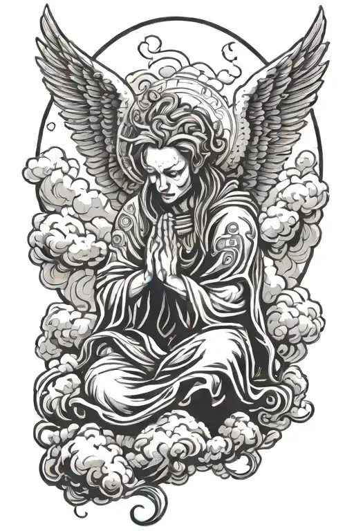 Evil angel praying surrounded by clouds tattoo design idea