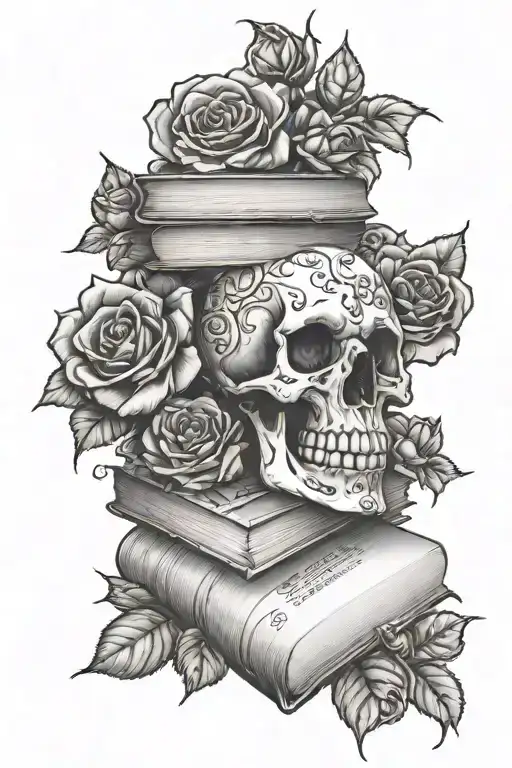 stack of books with skull on top surrounded by roses and vines  tattoo design idea